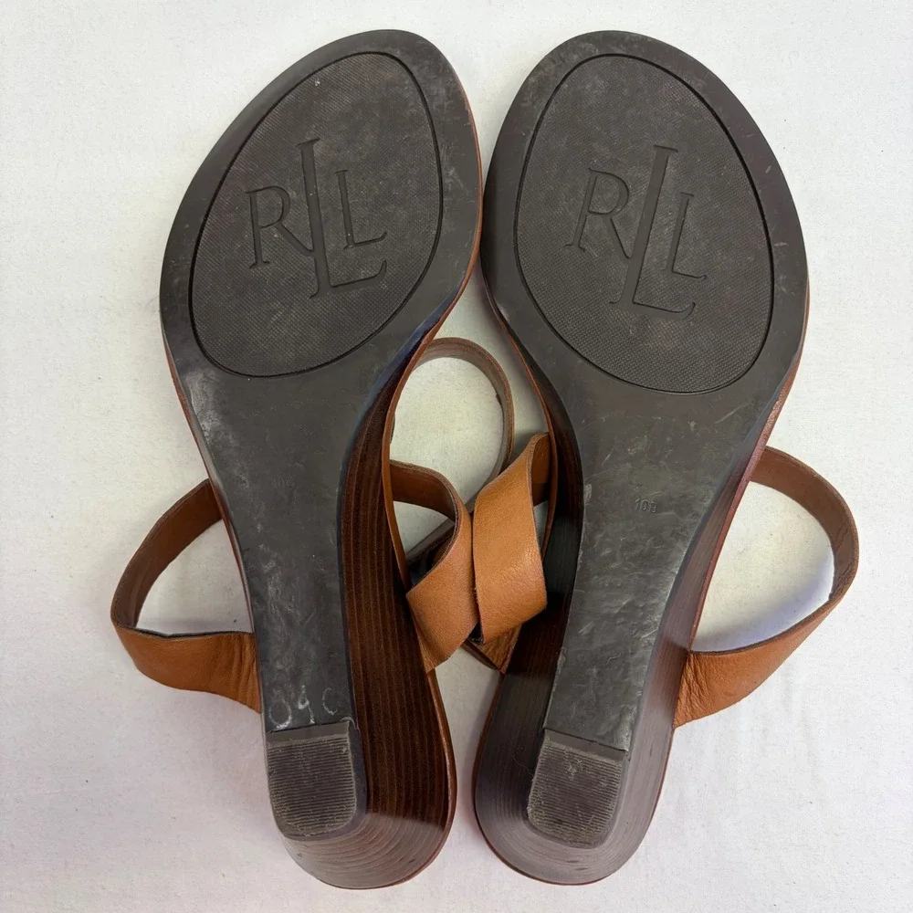 Lauren Ralph Lauren Wedge Sandals Womens 10B Brown Leather T-Strap Boho Preppy